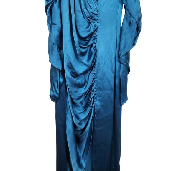 De La Vali Gin Ruched Maxi Dress in Blue Size UK 8 US 4 Long Sleeve Satin NWT - Picture 4 of 12
